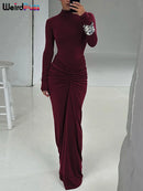 Estranho gato hipster vestido ruched feminino o-pescoço manga cheia magro estiramento robe outono tendência simples clássico pregas longo bodycon