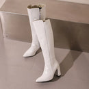 Botas de couro na altura do joelho com zíper para mulheres, sapatos pontiagudos, salto robusto, 9cm, inverno, ao ar livre, sexy, tamanho grande 44, 45, 46