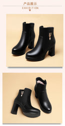 Sapatos de plataforma de lã quente para mulheres, botas de couro curtas impermeáveis, salto alto super, tornozelo preto, luxo, outono, inverno