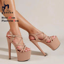 Sandálias Stiletto de plataforma aberta para mulheres, salto alto de banda estreita, sapatos stripper de festa, fivela, pole dancing, verão, 17cm