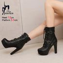 Plataforma botas curtas mulher outono e inverno 12cm salto alto cinto fivela tornozelo botas 2025 sola grossa sapatos de motocicleta tamanho 35-46