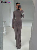 Estranho gato hipster vestido ruched feminino o-pescoço manga cheia magro estiramento robe outono tendência simples clássico pregas longo bodycon