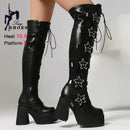 Outono inverno preto feminino acima do joelho botas altas saltos grossos 10.5cm plataforma 5cm estrela fivela rendas até zíper lateral botas longas