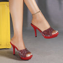 Chinelos femininos de verão, 10.5cm, plataforma antiderrapante, lantejoulas, sapatos de salto alto para mulheres, sandálias vermelhas de luxo