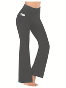 Calças femininas largas com bolsos, calças de ioga com pernas largas, cintura alta, fitness, casual, barriga, calças