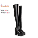Botas acima do joelho de couro envernizado elástico para mulheres sexy t mostrar sapatos plataforma grossa botas mulher 15cm gótico coxa botas altas