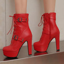 Plataforma botas curtas mulher outono e inverno 12cm salto alto cinto fivela tornozelo botas 2025 sola grossa sapatos de motocicleta tamanho 35-46