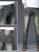 Calças Jeans Masculinas Retrô de Alta Qualidade com Corte Reto e Stretch, Moda Urbana Casual, Calças Longas de Algodão para P...