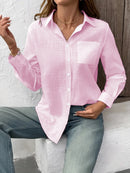 Camisa Feminina Casual de Algodão Puro com Pregas e Mangas Longas