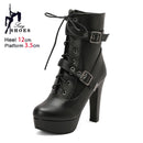 Plataforma botas curtas mulher outono e inverno 12cm salto alto cinto fivela tornozelo botas 2025 sola grossa sapatos de motocicleta tamanho 35-46