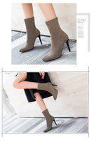 2023 outono inverno novo salto alto veludo botas curtas apontou toe cor sólida salto fino camurça versátil meias botas estiramento feminino