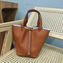 Bolsa de couro de vaca de camada superior, estilo europeu, bolsa tipo balde, cesta de vegetais frescos, bolsa fena com al...