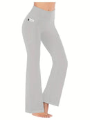 Calças femininas largas com bolsos, calças de ioga com pernas largas, cintura alta, fitness, casual, barriga, calças