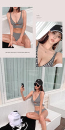 Biquíni Feminino de Cintura Alta Sensual com Efeito Modelador, Xadrez Franzido, Peças Separadas, Térmico, para Férias e Resort