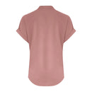 Cor pura botão até decote em v manga curta camisa de rayon de bambu verão moda feminina camisa de botão casual negócios topo
