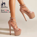 Sandálias Stiletto de plataforma aberta para mulheres, salto alto de banda estreita, sapatos stripper de festa, fivela, pole dancing, verão, 17cm