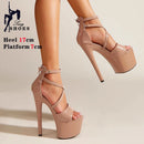 Sandálias Stiletto de plataforma aberta para mulheres, salto alto de banda estreita, sapatos stripper de festa, fivela, pole dancing, verão, 17cm