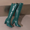 Botas de couro na altura do joelho com zíper para mulheres, sapatos pontiagudos, salto robusto, 9cm, inverno, ao ar livre, sexy, tamanho grande 44, 45, 46