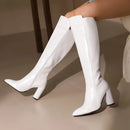 Botas de couro na altura do joelho com zíper para mulheres, sapatos pontiagudos, salto robusto, 9cm, inverno, ao ar livre, sexy, tamanho grande 44, 45, 46