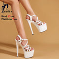 Sandálias Stiletto de plataforma aberta para mulheres, salto alto de banda estreita, sapatos stripper de festa, fivela, pole dancing, verão, 17cm