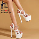 Sandálias Stiletto de plataforma aberta para mulheres, salto alto de banda estreita, sapatos stripper de festa, fivela, pole dancing, verão, 17cm