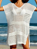 Túnica de malha de crochê feminino, manga curta sexy, oco, capas, vestido de praia, moda praia, capas femininas, K5580