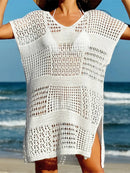 Túnica de malha de crochê feminino, manga curta sexy, oco, capas, vestido de praia, moda praia, capas femininas, K5580