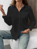 Camisa Feminina Casual de Algodão Puro com Pregas e Mangas Longas