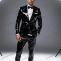 Terno Masculino de Couro PU Preto para Ocasiões Formais, Noivo, Padrinhos, Casamento, Festa, Formatura, Negócios, Smoking Masculino, Conjunto de 2 Peças: Blazer e Calça