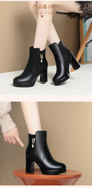 Sapatos de plataforma de lã quente para mulheres, botas de couro curtas impermeáveis, salto alto super, tornozelo preto, luxo, outono, inverno