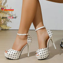 Novas Sandálias Femininas Vintage de Salto Alto Grosso de 12,5 CM com Tira no Tornozelo, Salto Fino, Peep-toe, Vazadas, para Banquete
