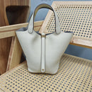 Bolsa de couro de vaca de camada superior, estilo europeu, bolsa tipo balde, cesta de vegetais frescos, bolsa fena com al...