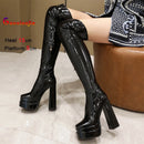 Botas acima do joelho de couro envernizado elástico para mulheres sexy t mostrar sapatos plataforma grossa botas mulher 15cm gótico coxa botas altas