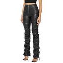 Calças Femininas Atacado: Calças de Couro PU Pretas de Cintura Alta com Perna Larga para Mulheres - Moda Casual Solta Estilo Streetwear