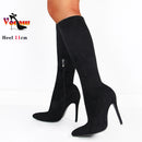 Botas de meia-panturrilha preta de camurça falsa de alta qualidade para mulheres, saltos finos, dedo apontado, zip, bombas de festa, sexy, moda primavera, tamanhos 35-43