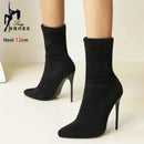 Botas de meia sexy para mulheres 12cm salto alto fino senhoras dedo do pé pontiagudo botas de tornozelo curto plus size 46 deslizamento-em sapatos de inverno botas mujer
