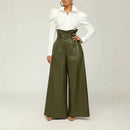 Calças Femininas Atacado: Calças de Couro PU Pretas de Cintura Alta com Perna Larga para Mulheres - Moda Casual Solta Estilo Streetwear