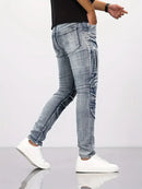 Jeans de retalhos angustiados de dois tons para homens jeans da moda para o verão calças finas de perna reta ajuste fino jeans de perna pequena angustiados