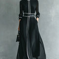 Vestido Maxi Elegante em Chiffon Francês, Gola Alta com Mangas Longas e Acabamento em Piping Branco, Ideal para Escritório, Negócios, Banquetes e Festas