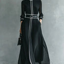 Vestido Maxi Elegante em Chiffon Francês, Gola Alta com Mangas Longas e Acabamento em Piping Branco, Ideal para Escritório, Negócios, Banquetes e Festas