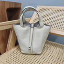 Bolsa de couro de vaca de camada superior, estilo europeu, bolsa tipo balde, cesta de vegetais frescos, bolsa fena com al...