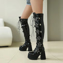 Outono inverno preto feminino acima do joelho botas altas saltos grossos 10.5cm plataforma 5cm estrela fivela rendas até zíper lateral botas longas