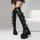 Outono inverno preto feminino acima do joelho botas altas saltos grossos 10.5cm plataforma 5cm estrela fivela rendas até zíper lateral botas longas