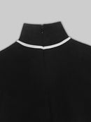 Vestido Maxi Elegante em Chiffon Francês, Gola Alta com Mangas Longas e Acabamento em Piping Branco, Ideal para Escritório, Negócios, Banquetes e Festas