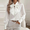 Moda manga longa camisa de seda feminina moda primavera outono nova blusa de cetim feminino arco escritório topos pulôver