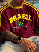 Camiseta Masculina Estampada com a Bandeira do Brasil 2026, Gola Redonda, Manga Curta, Estilo Retrô Casual, Oversized, Malha Solta