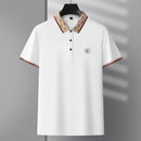 Camisa Polo Masculina Premium com Detalhes Listrados, Emblema Bordado, Tecido Respirável, Versátil para Trabalho e Ocasiões Casuais