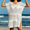 Túnica de malha de crochê feminino, manga curta sexy, oco, capas, vestido de praia, moda praia, capas femininas, K5580