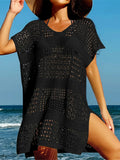 Túnica de malha de crochê feminino, manga curta sexy, oco, capas, vestido de praia, moda praia, capas femininas, K5580