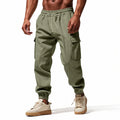 2026 novas calças masculinas casuais multi-bolso masculino capa fechada amarrada algodão e linho leggings de perna reta masculino